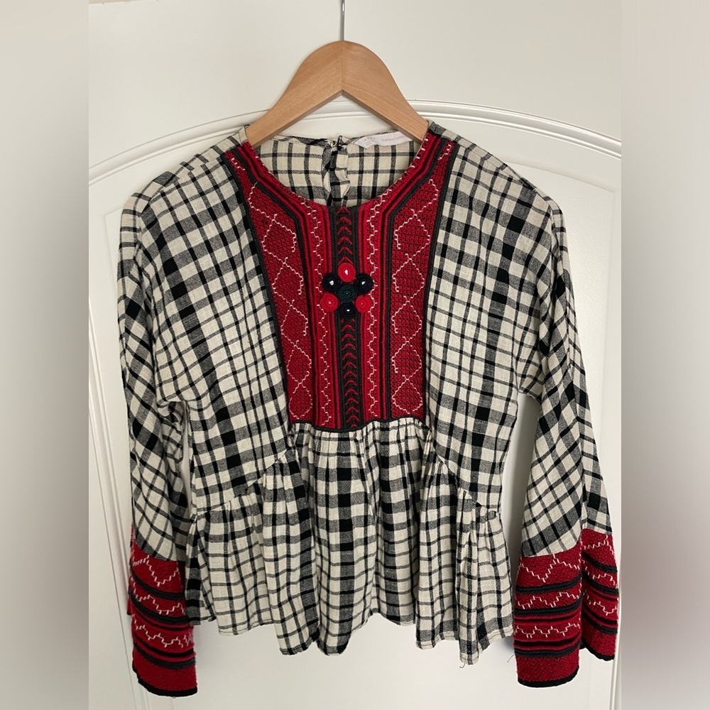 ZARA Babydoll Trafaluc Embroidered Boho Plaid Blouse Top Size XS